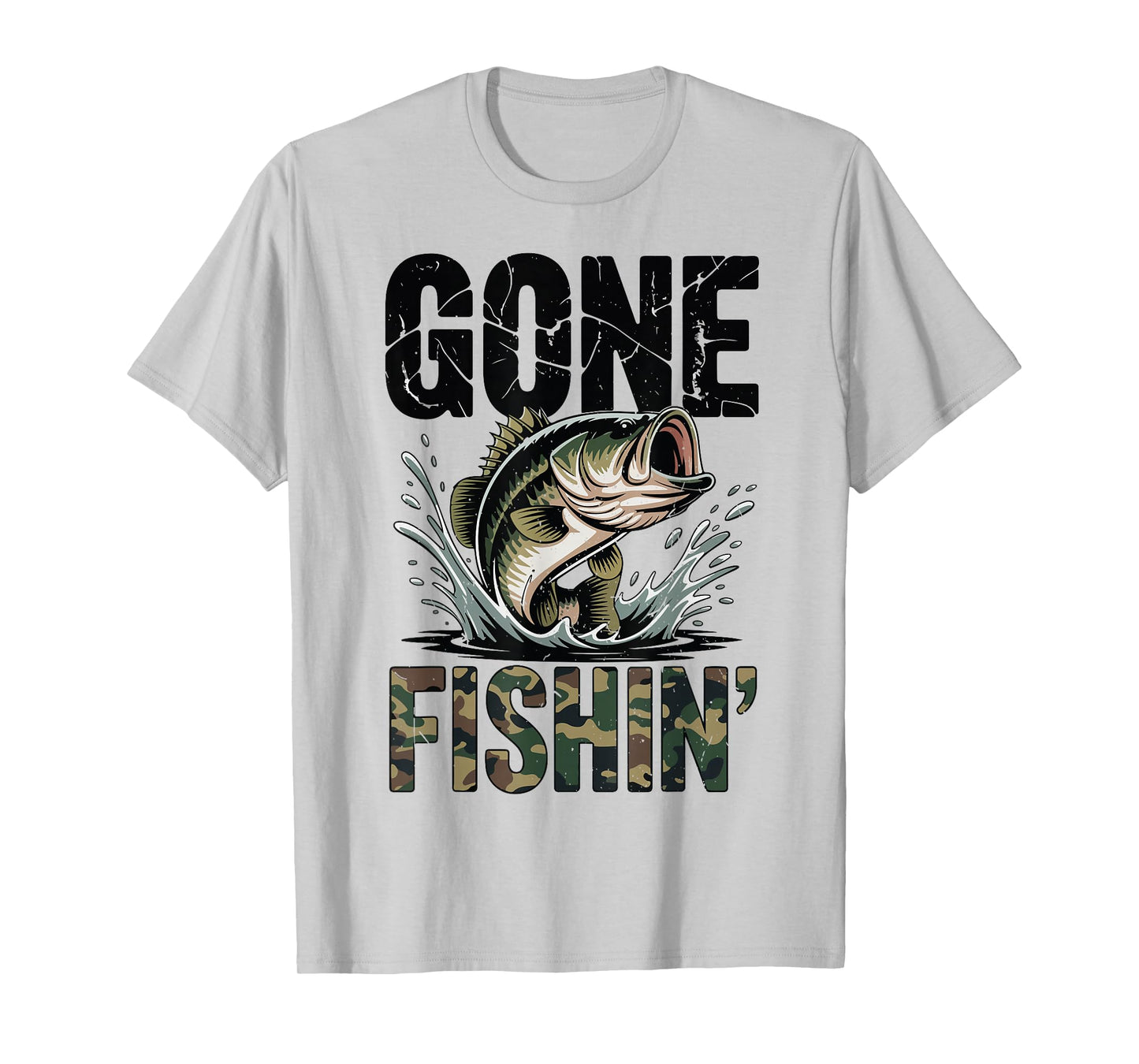 Fishing Camo Bass Fish Gone Fishing Men Youth Funny Dad Joke T-Shirt