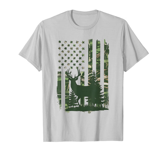 Camo Deer Hunting American Flag Whitetail Hunter USA Graphic T-Shirt