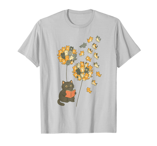 Cute Reading Cat with Kitten Dandelion Flowers Book Lover T-Shirt