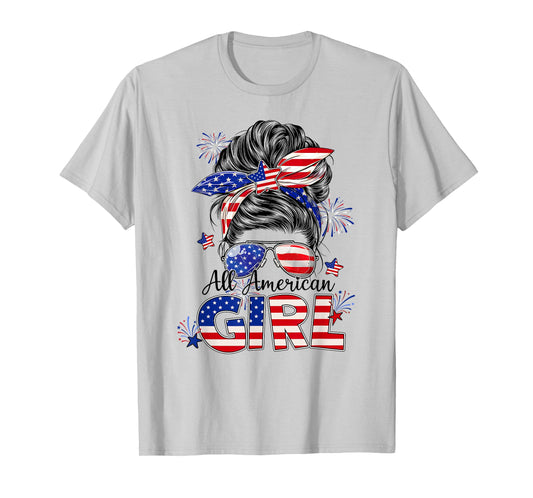 All American Girl Messy Bun USA Flag 4th July Women Kids T-Shirt