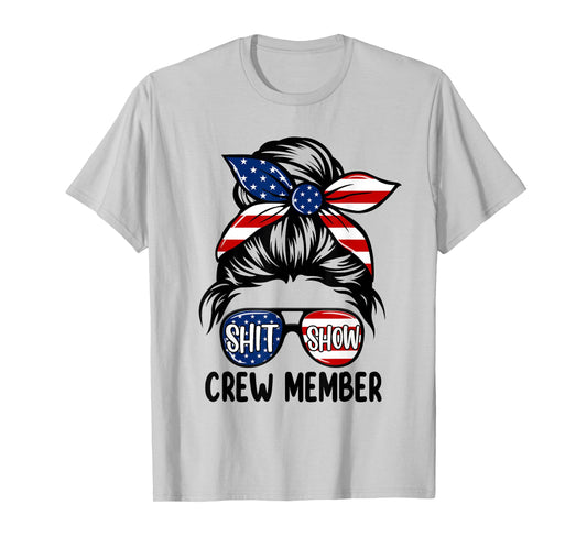 Women Shit Show Crew Member Amerian Flag Headband Messy Bun T-Shirt