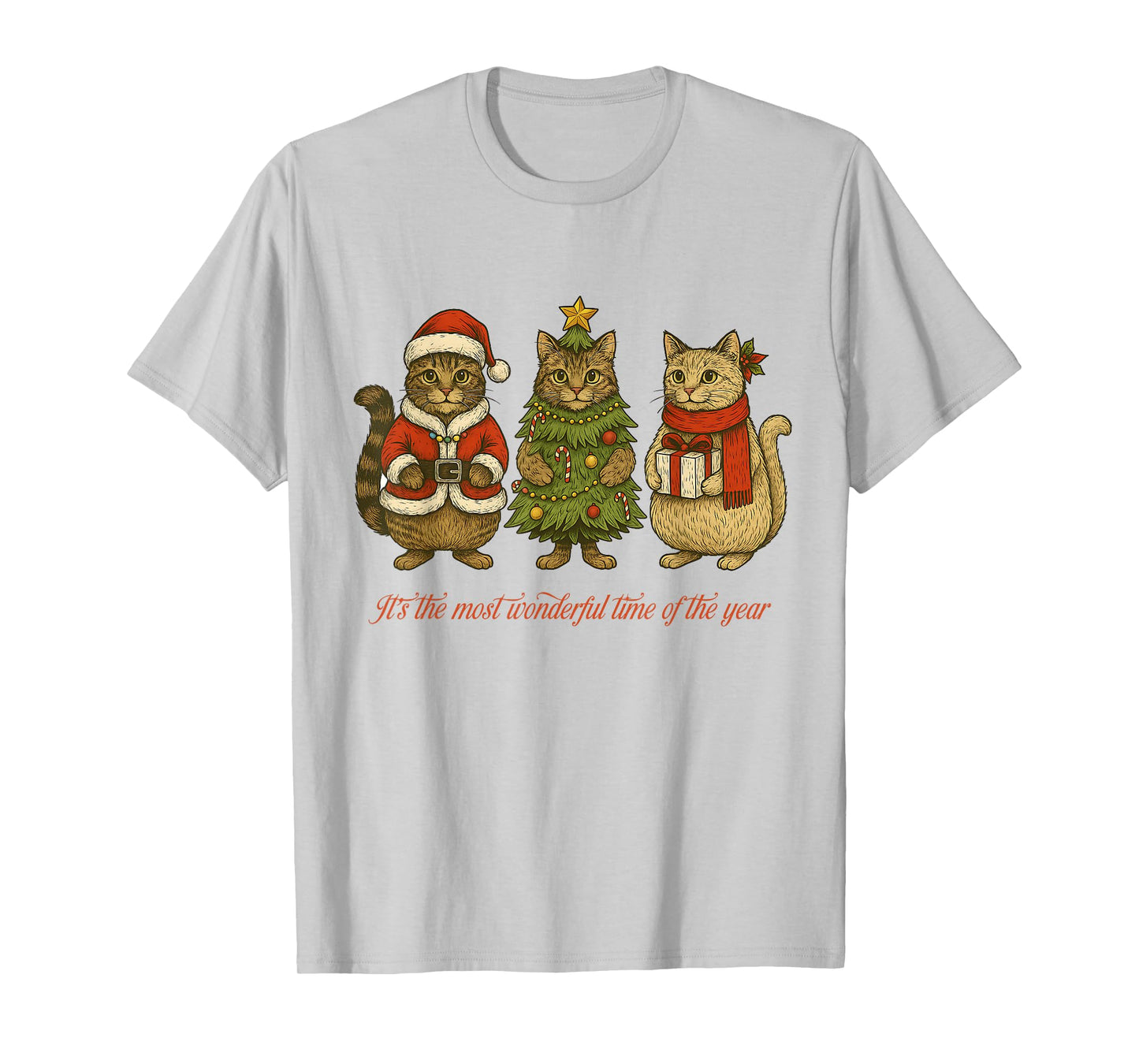 3 Cats Cute Christmas Tree Kittens Santa Hat T-Shirt