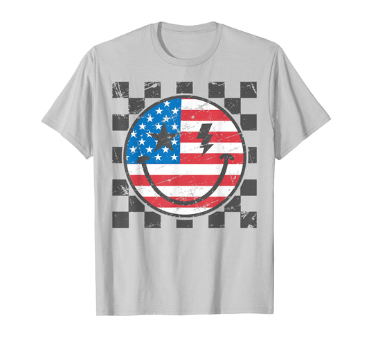 Happy 4th of July Groovy Smile Face Red White Blue USA Flag T-Shirt