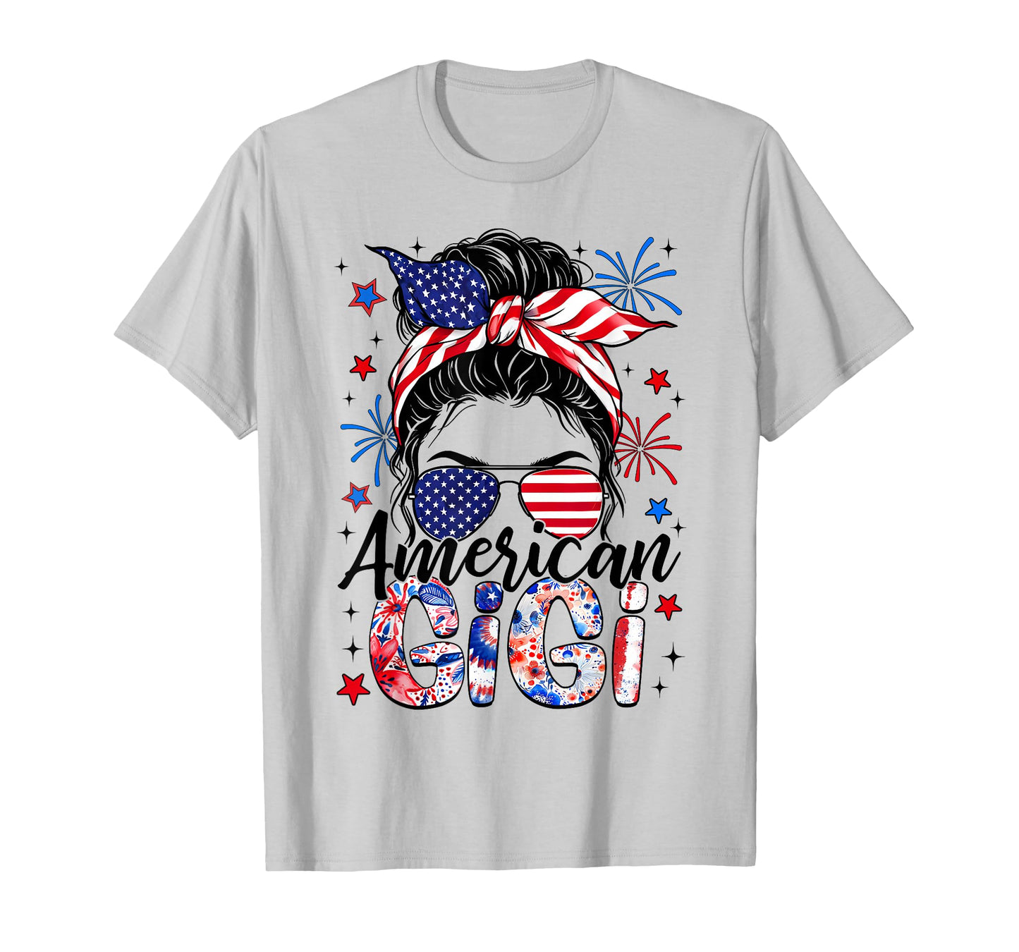 Gigi 4th of July American Flag Patriotic Messy Bun T-Shirt