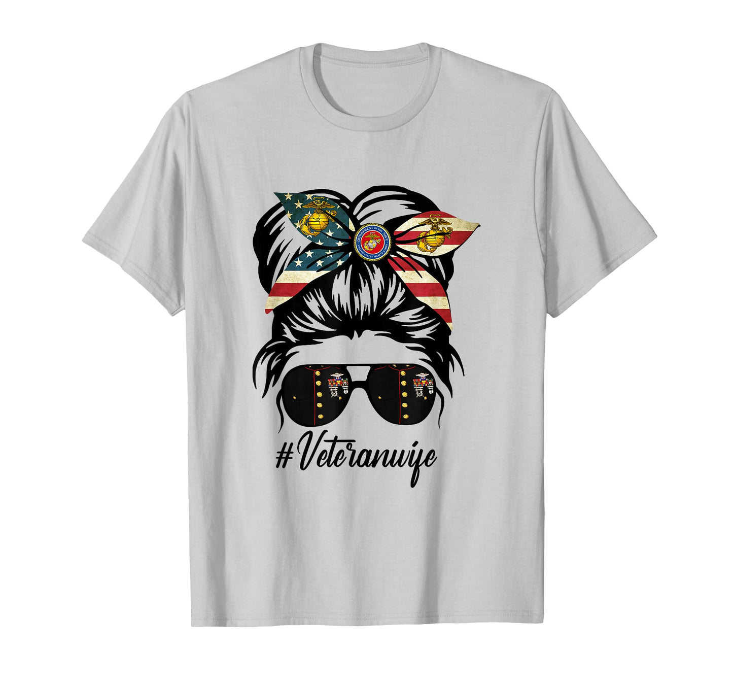 Women Veteran Wife Military Patriotic Messy Bun Hair T-Shirt