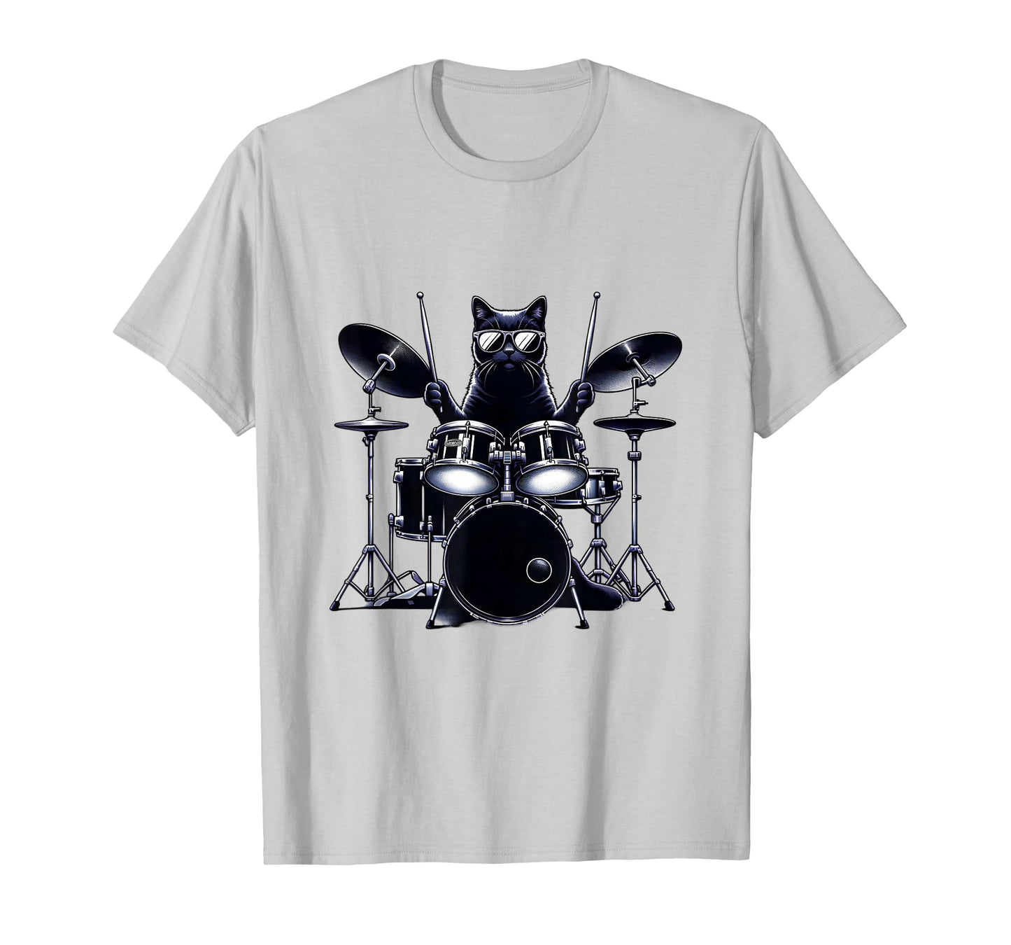 Percussion Cat Playing Drums T-Shirt, Unisex-Adults/Kids, Grey, Short Sleeve, Cat, Drumming, Graphic, Music, Novelty, Classic Fit, Cotton Blend, Machine Wash, Size: Small