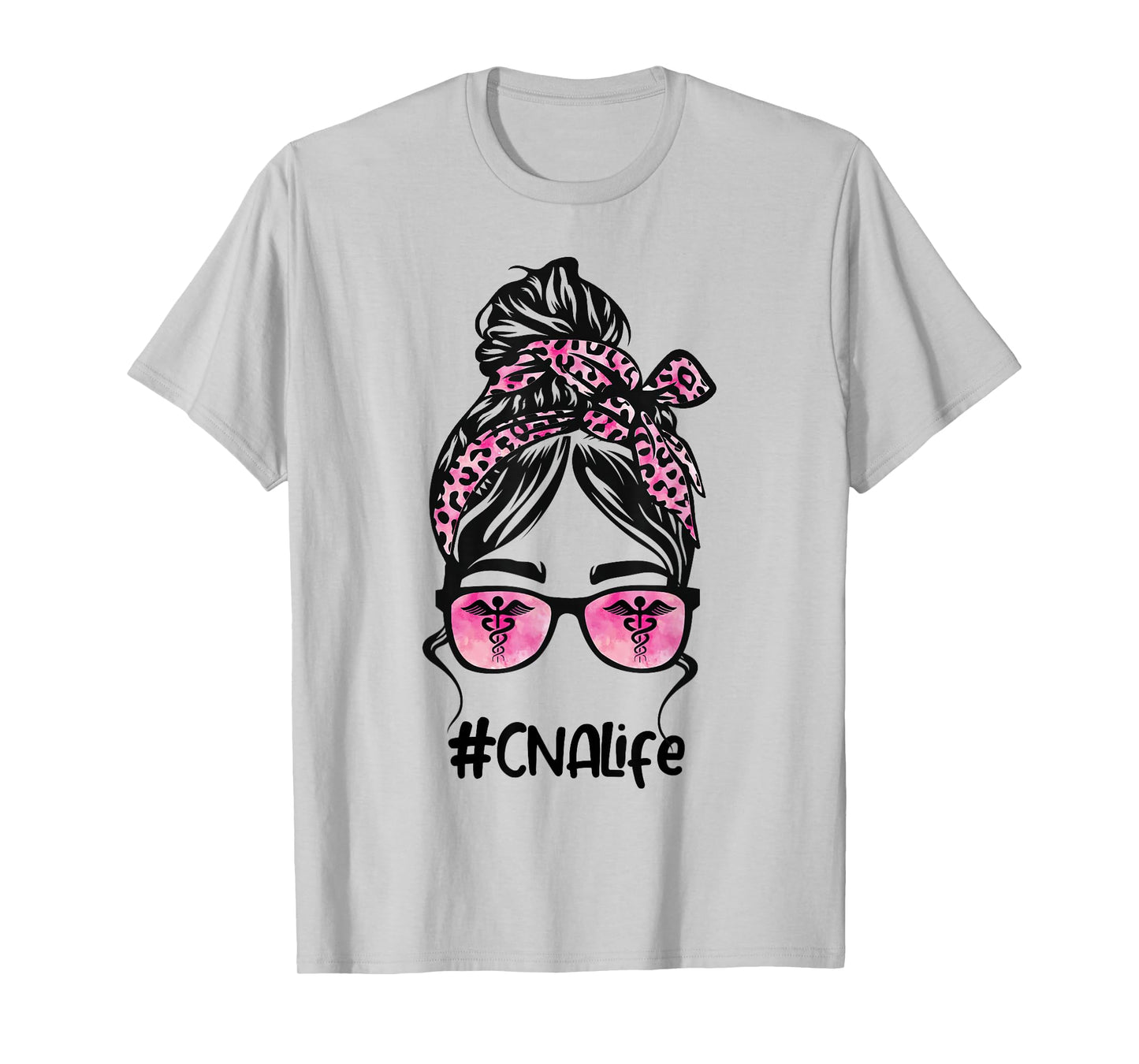 CNA Nurse Life Bleached Pink Leopard Messy Bun T-Shirt