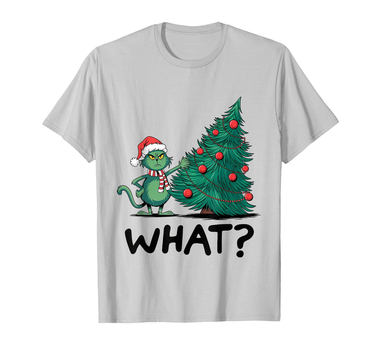 Cat What Funny Green Cat Pushing Christmas Tree Ugly Xmas T-Shirt for Men Women Kids