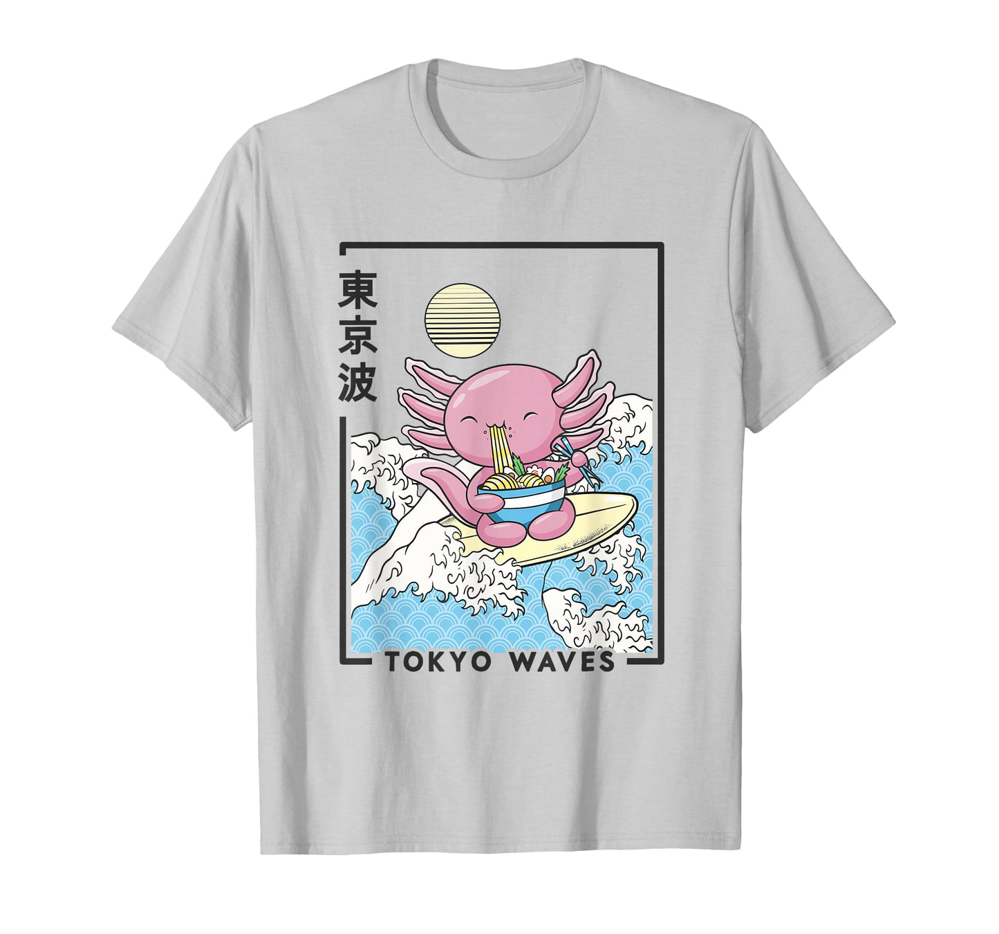 Axolotl Eating Ramen Japanese Waves Kids Kawaii Aesthetic T-Shirt
