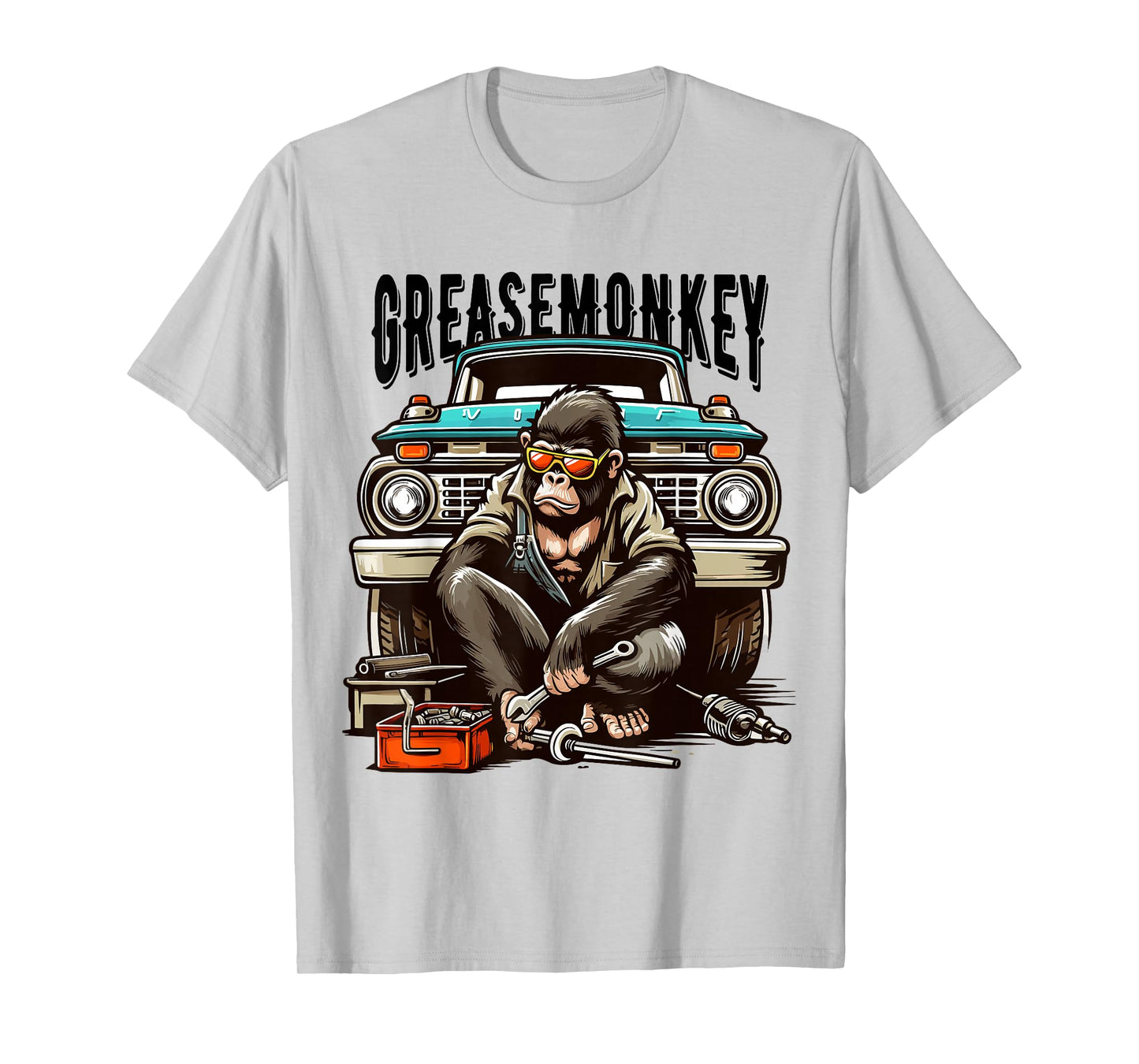 Cool Grease Monkey with Sunglasses Working on Vintage Truck T-Shirt