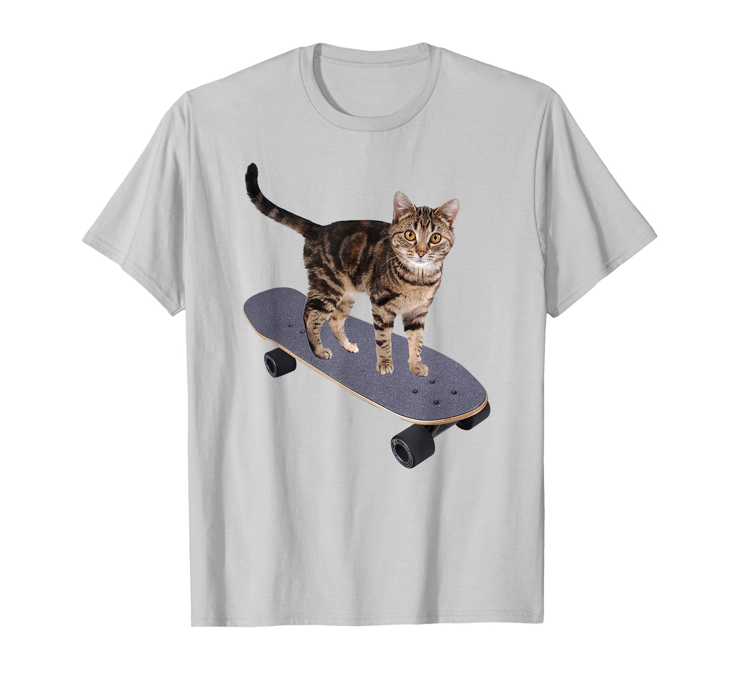 Cat on Skateboard Funny Gray Tabby Kitty T-Shirt for Men Women Girls Kids