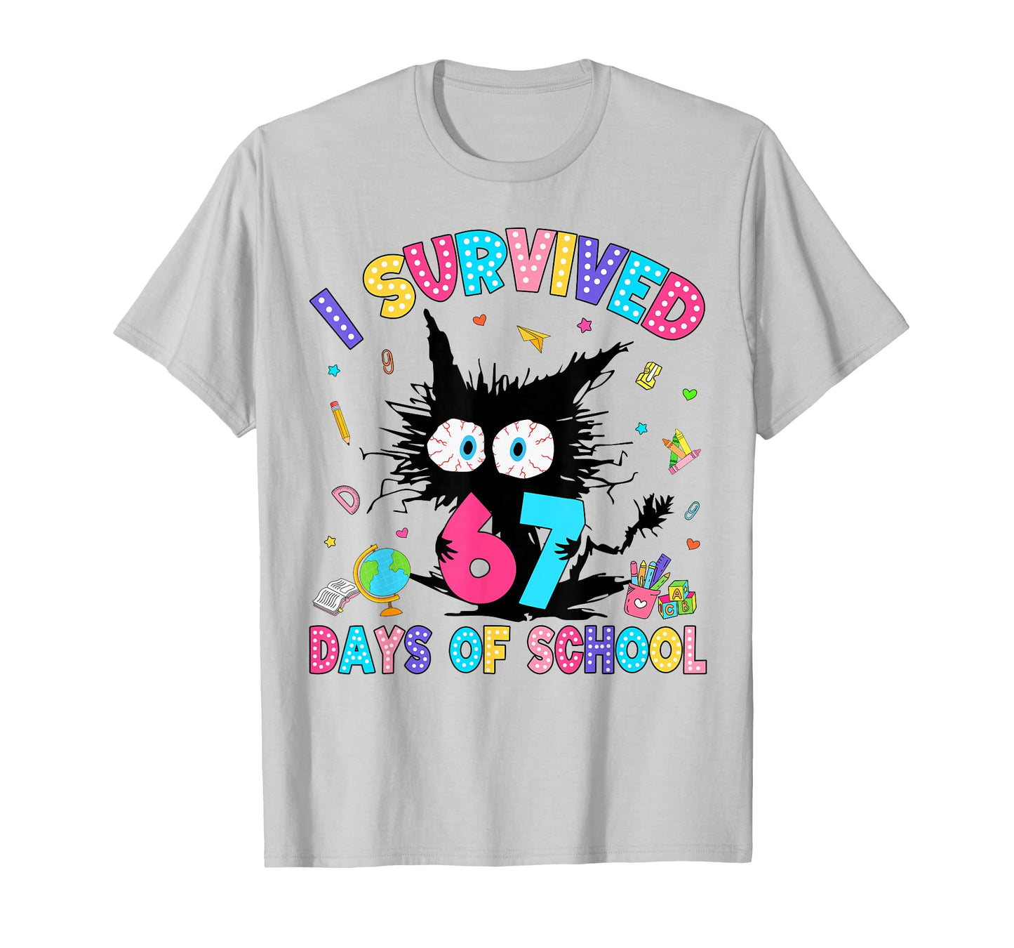 I Survived 67 Days of School Six Seven Meme Slang Black Cat T-Shirt
