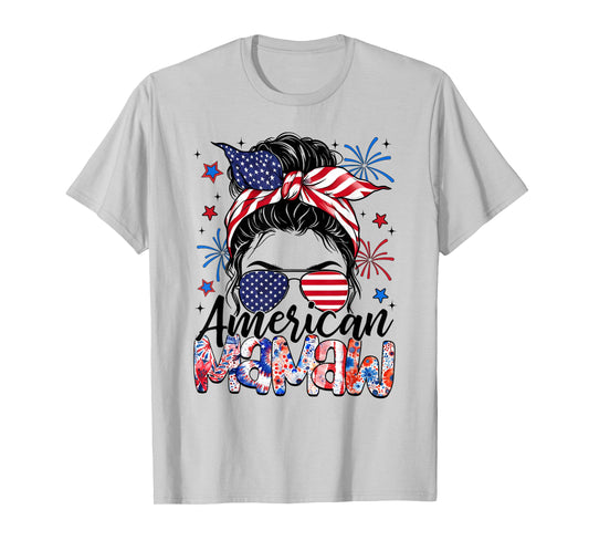 Mamaw 4th Of July American Flag Patriotic Messy Bun T-Shirt