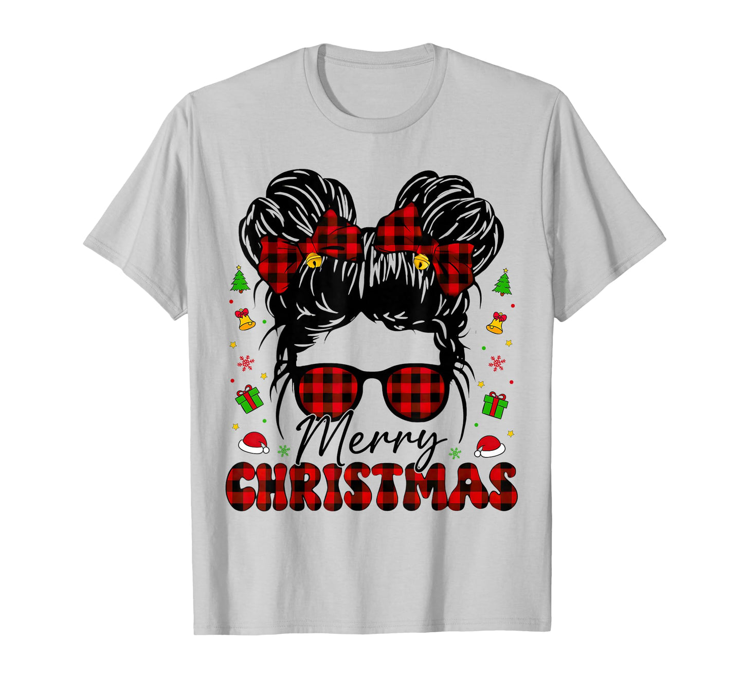 Merry Christmas Buffalo Plaid Messy Bun Girl Xmas Pajamas T-Shirt