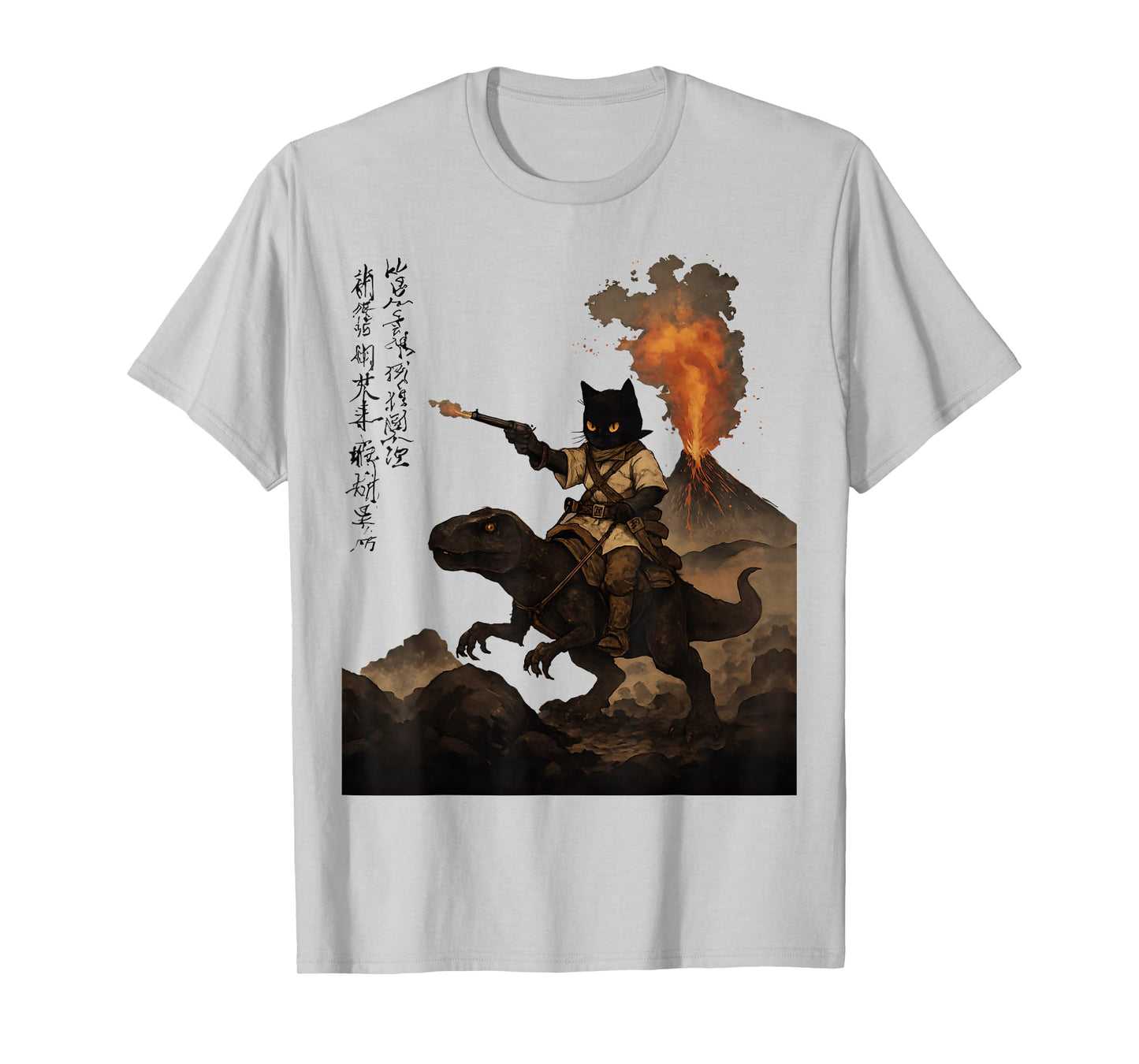 Calligraphy cat Dinosaur Volcanic Eruption cat Print T-Shirt