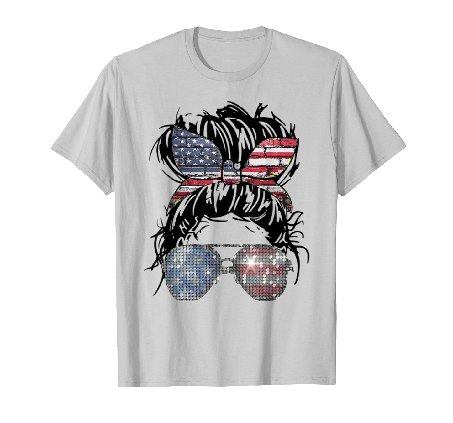 Messy Bun American Flag Glasses 4th of July Patriotic T-Shirt