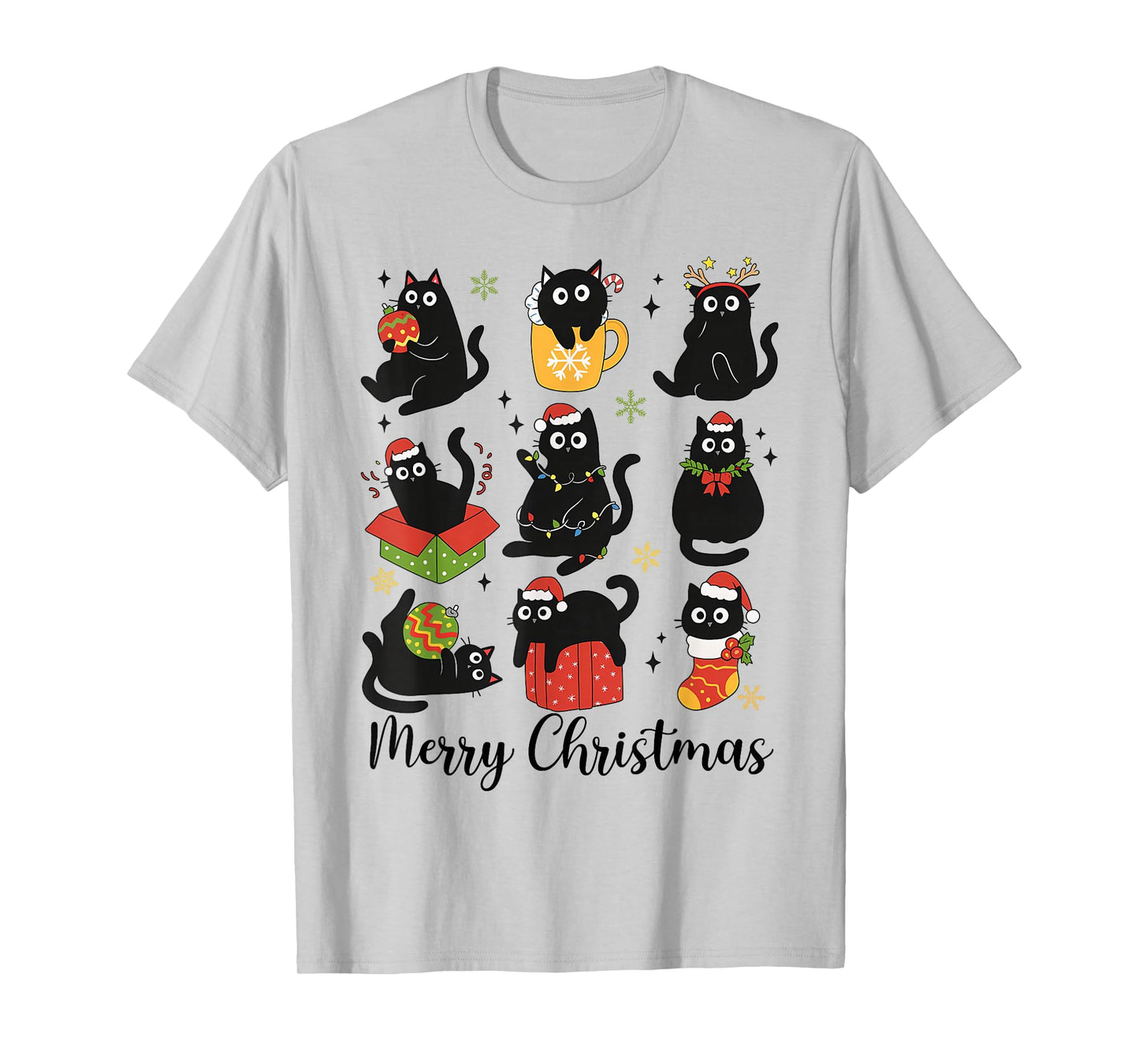 Meow Christmas Xmas Lights Black Cat Pajamas Family Funny T-Shirt