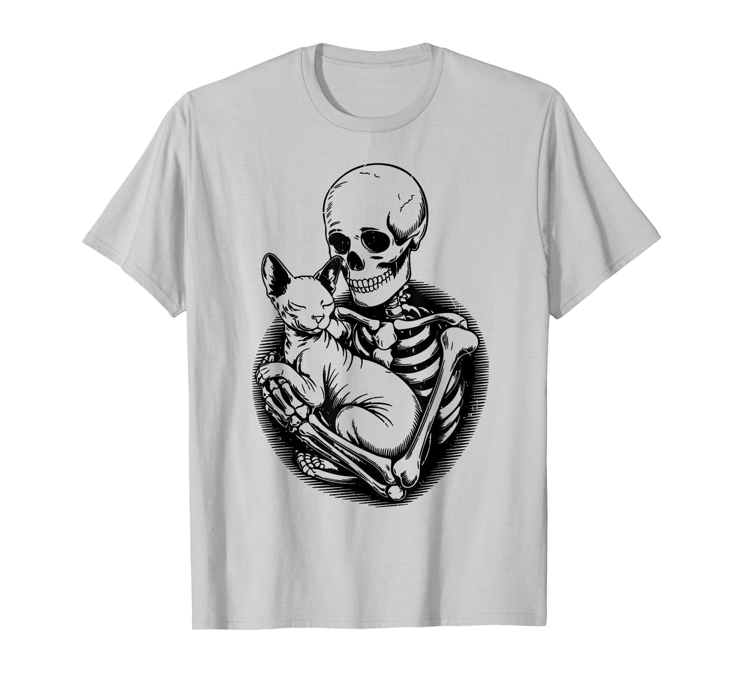 Skeleton Hugging Sphynx Cat Halloween Funny Mom Dad Vintage T-Shirt