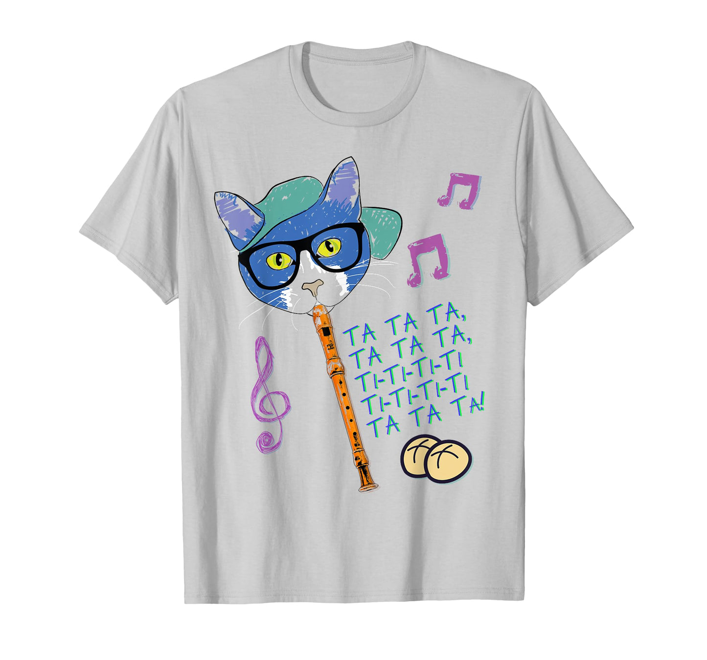 Cool Cat Playing Hot Cross Buns on Recorder Funny Elementary T-Shirt