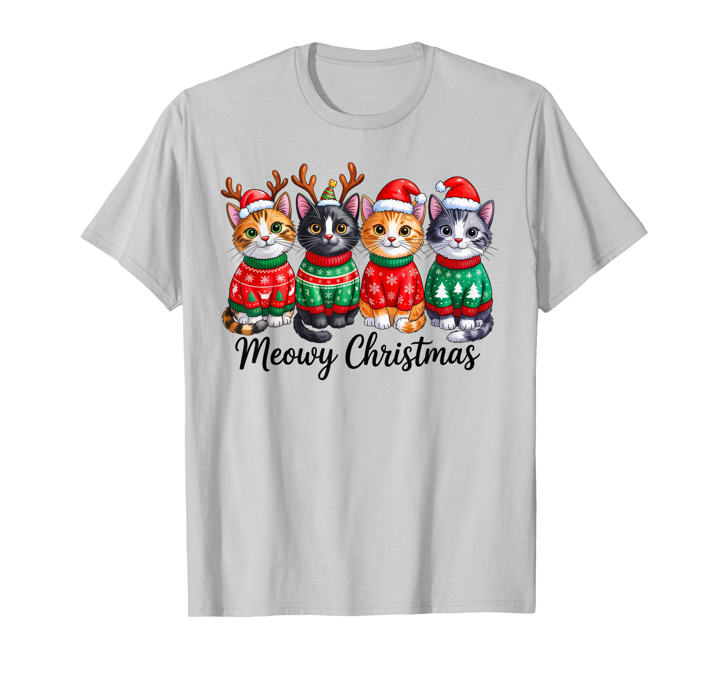 Meowy Christmas Cat Santa Reindeer Xmas Pajamas Cat Lover T-Shirt