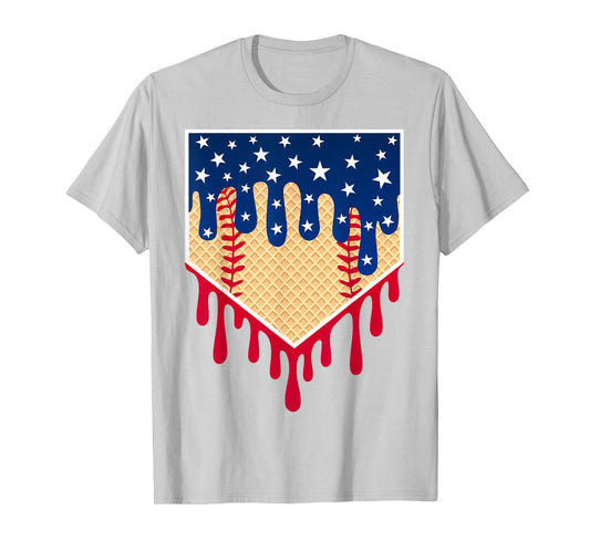 Baseball Ice Cream Drip 4th of July Red Blue & White Drip T-Shirt
