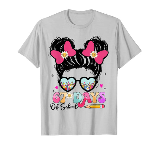 67 Days of School Messy Bun Girl Kids Meme Funny T-Shirt