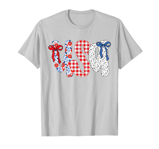 USA Flag 4th of July Coquette Bow Floral Patriotic Girl T-Shirt