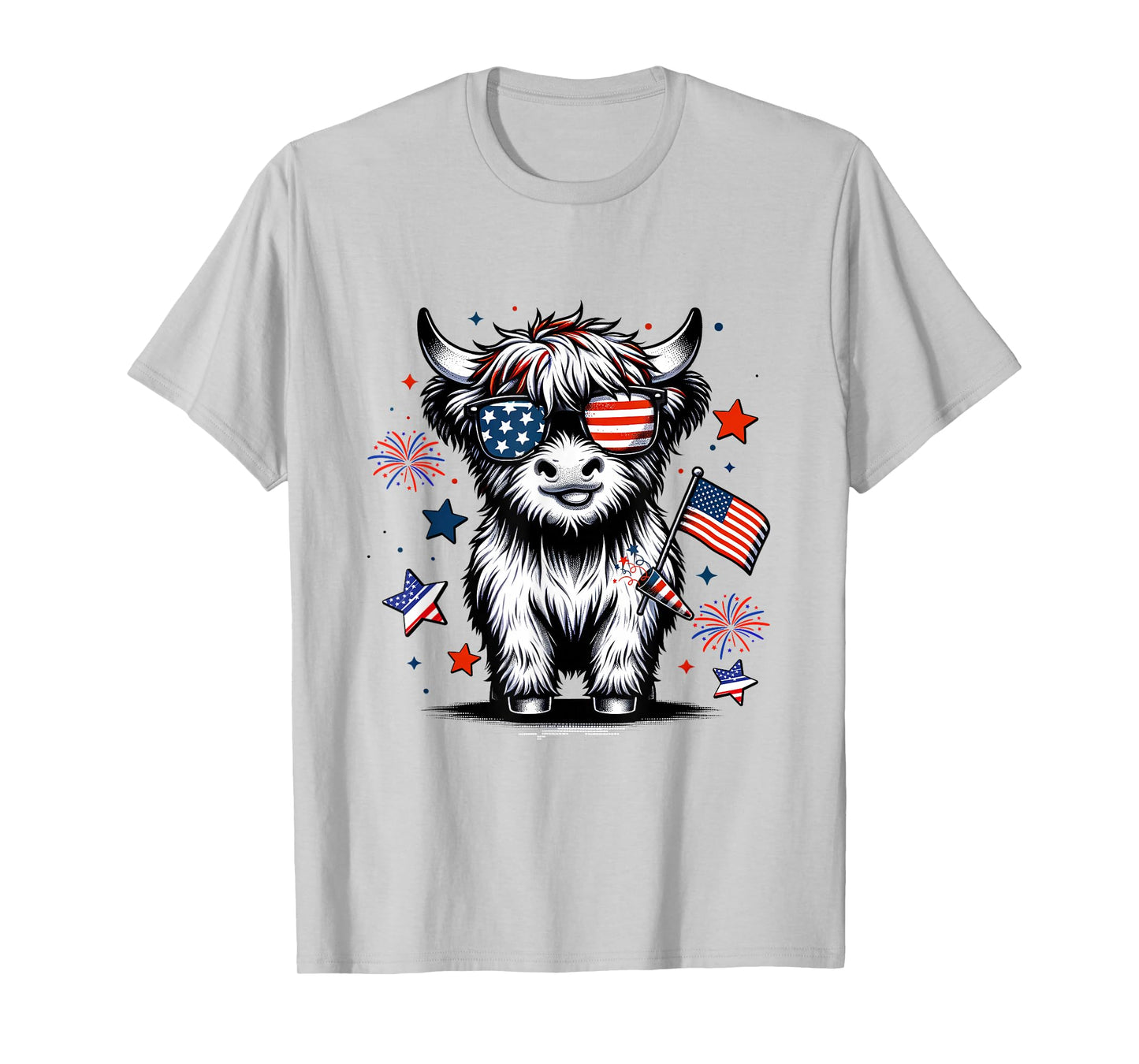 Cute Highland Cow 4th of July USA Flag Patriotic Cow Farmer T-Shirt