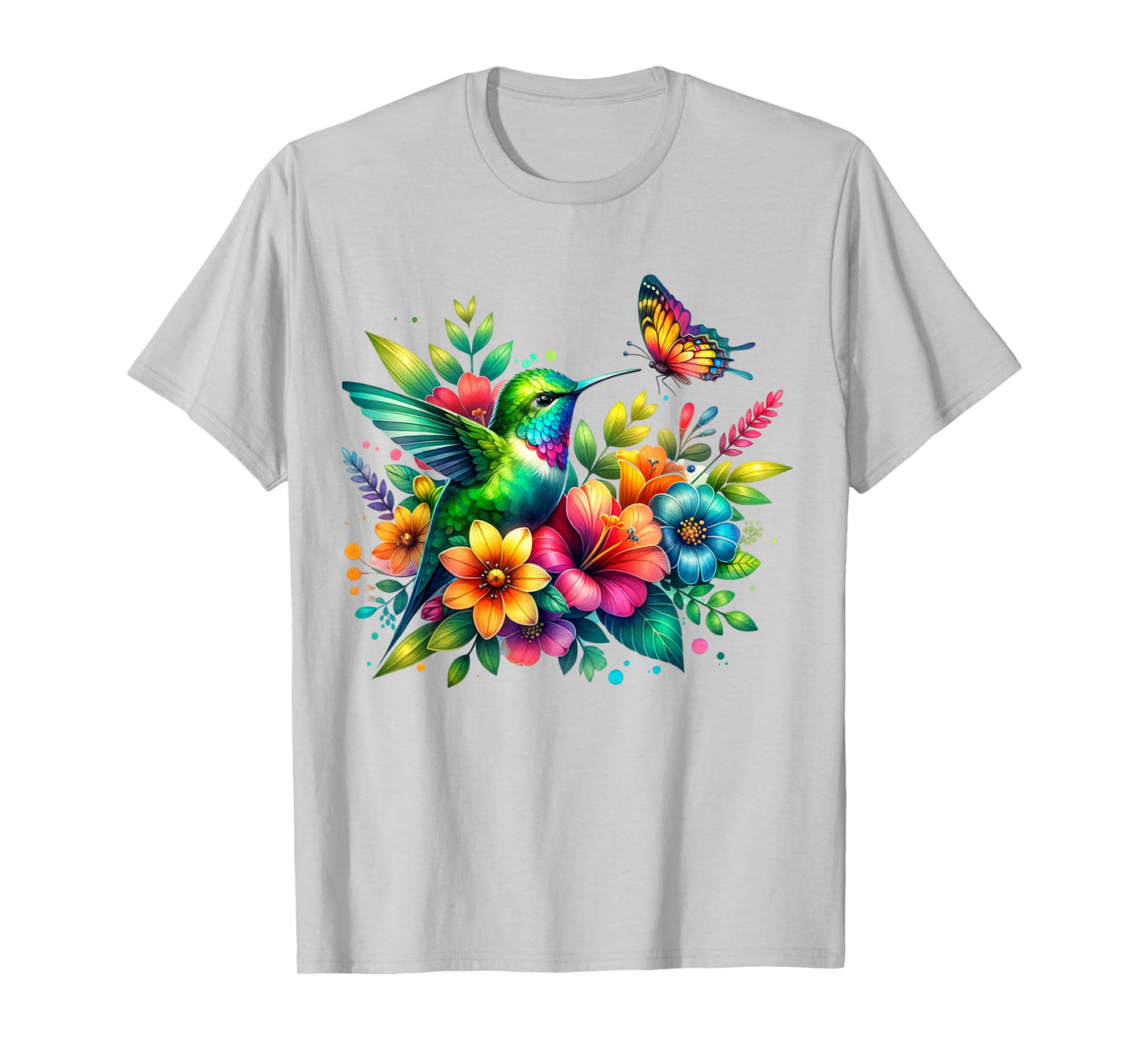 Floral Watercolor Hummingbird & Butterfly T-Shirt