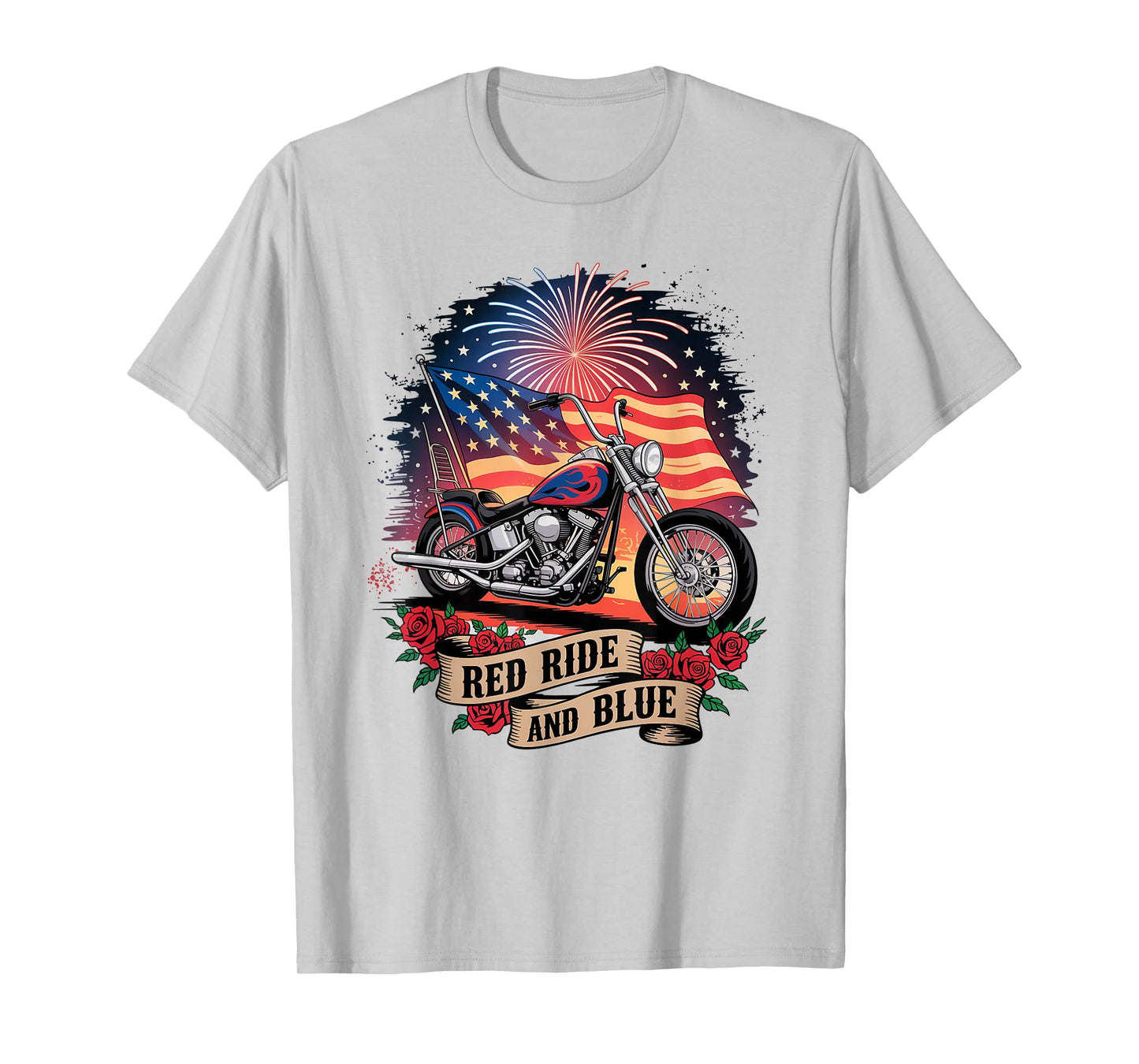 Red Ride & Blue Motorcycle Patriotic USA Biker American Flag T-Shirt