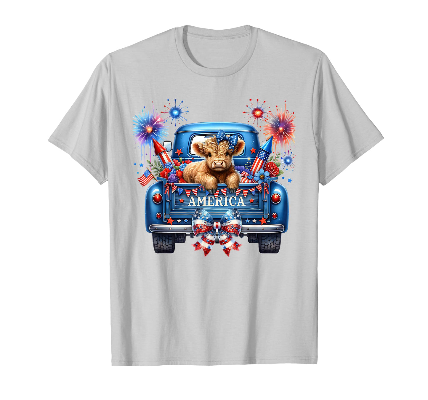 Cute Highland Cow 4th of July USA Flag Patriotic Cow Farmer T-Shirt