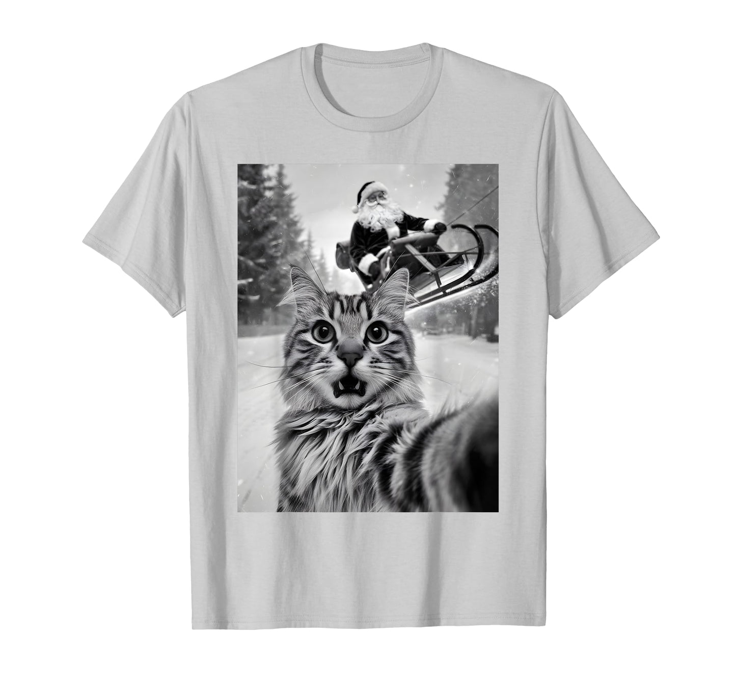 Christmas Cat Selfie With Santa Claus Sleigh Merry X-Mas Men Women Kids T-Shirt