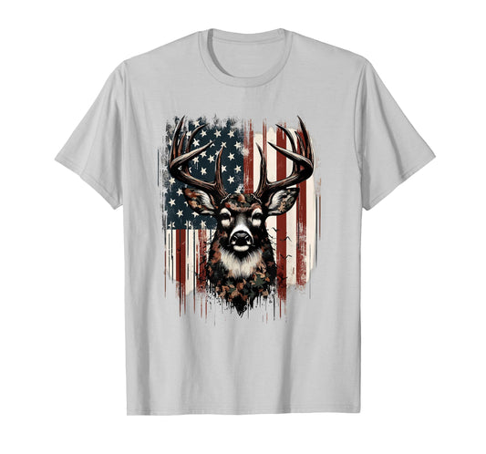 Deer Hunting American Flag Whitetail Buck Antlers T-Shirt