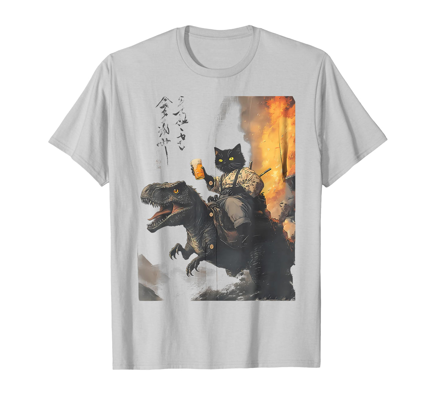 Black Cat Samurai Dinosaur Funny Men Women T-Shirt