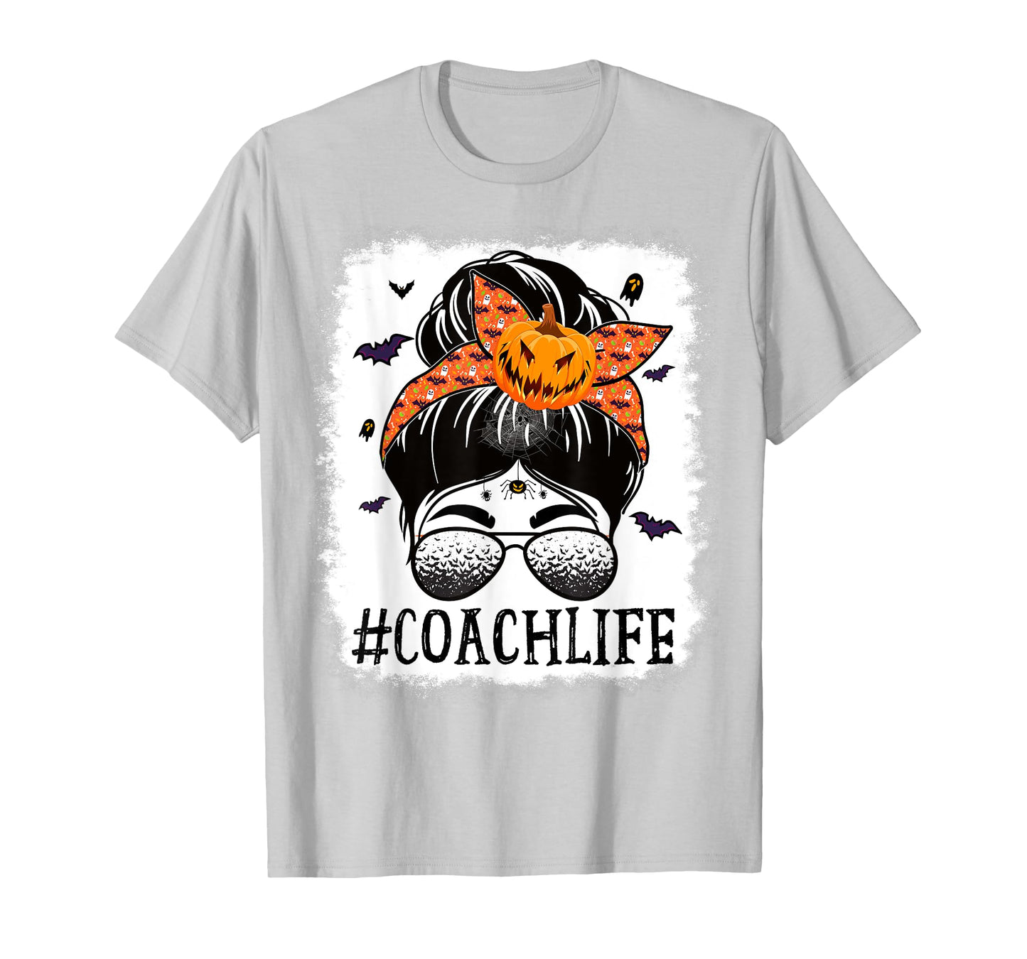 Coach Messy Bun Spooky Pumpkin Bat Orange Halloween Costume T-Shirt