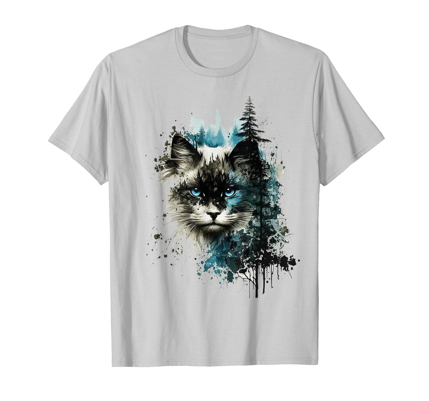Cat Blue Eyes Cat Motif Art Forest Animal Cat T-Shirt
