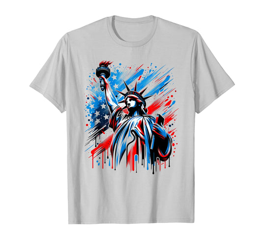 Statue of Liberty Paint Splatter American Flag USA Pride T-Shirt