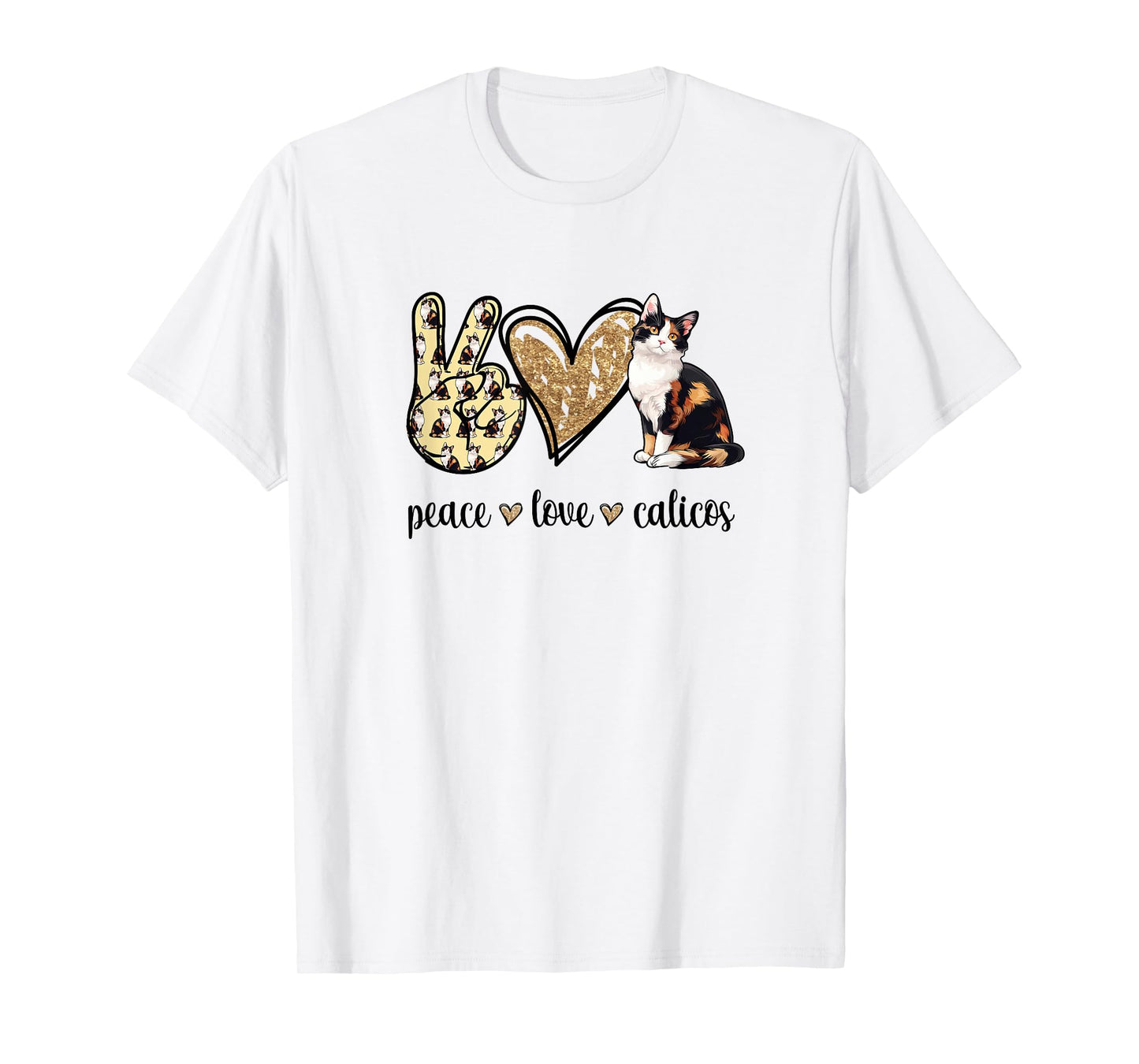 Womens Girls Peace Love Calico Cat Lover T-Shirt
