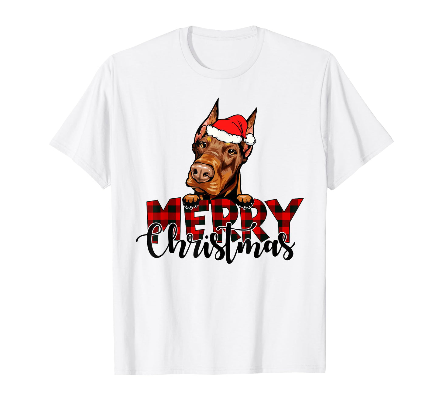 Merry Christmas Doberman Dog Christmas Red Plaid Santa Hat T-Shirt
