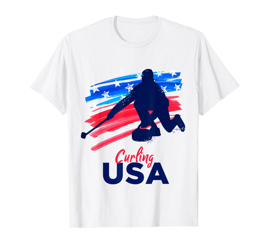 Curling USA Support the Team Tshirt USA Flag Curl Clean Women Girls Kids Men T-Shirt