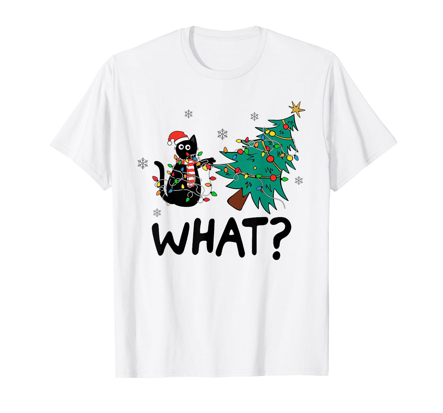 Funny Black Cat Gift Pushing Christmas Tree Over Cat What? T-Shirt