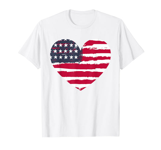 Girl American Flag Heart Cute 4th July Women Teen Patriotic T-Shirt