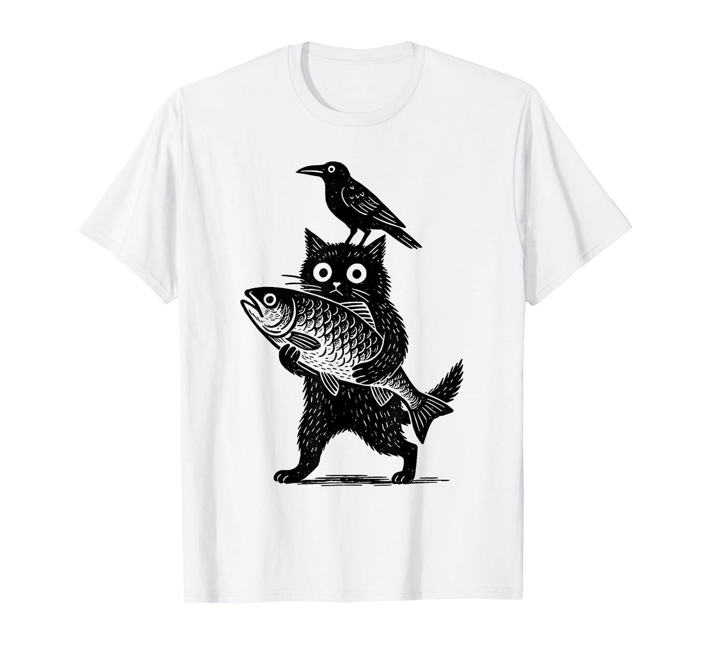 Black Animals Funny Cat with Crow Catches Fish Japanese Art T-Shirt