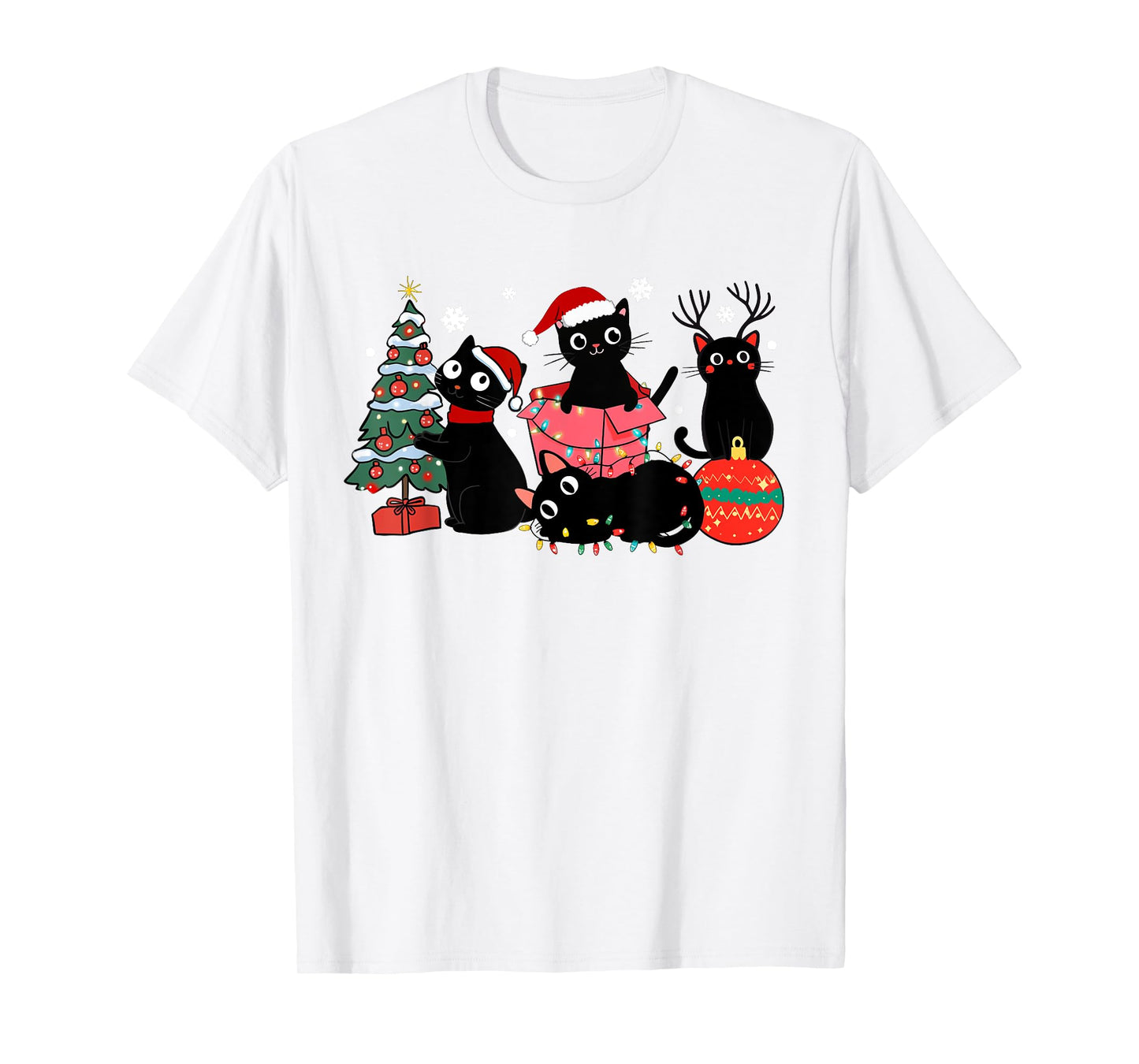 Meowy Christmas Black Cats Play Christmas Tree Lights Cats T-Shirt