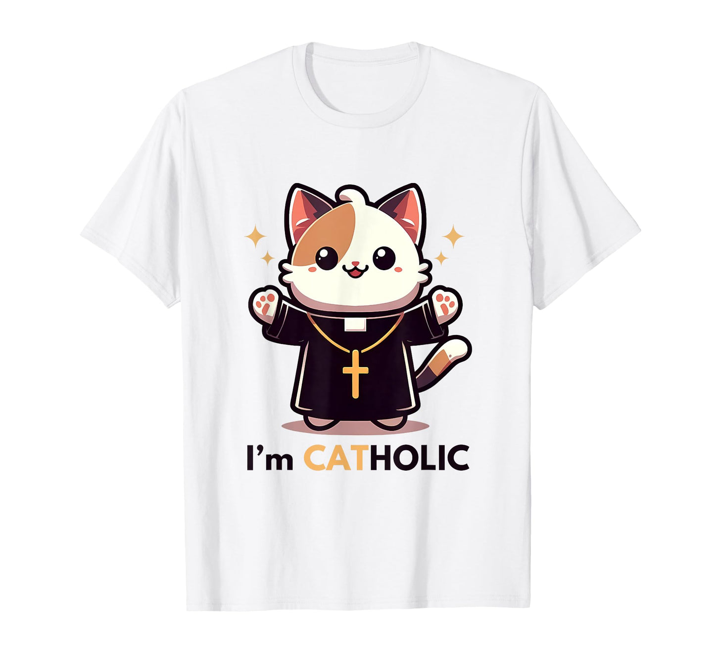 Cat-holic. Funny Catholic. Cute Priest Cat with Cross Men Women Girls Kids T-Shirt