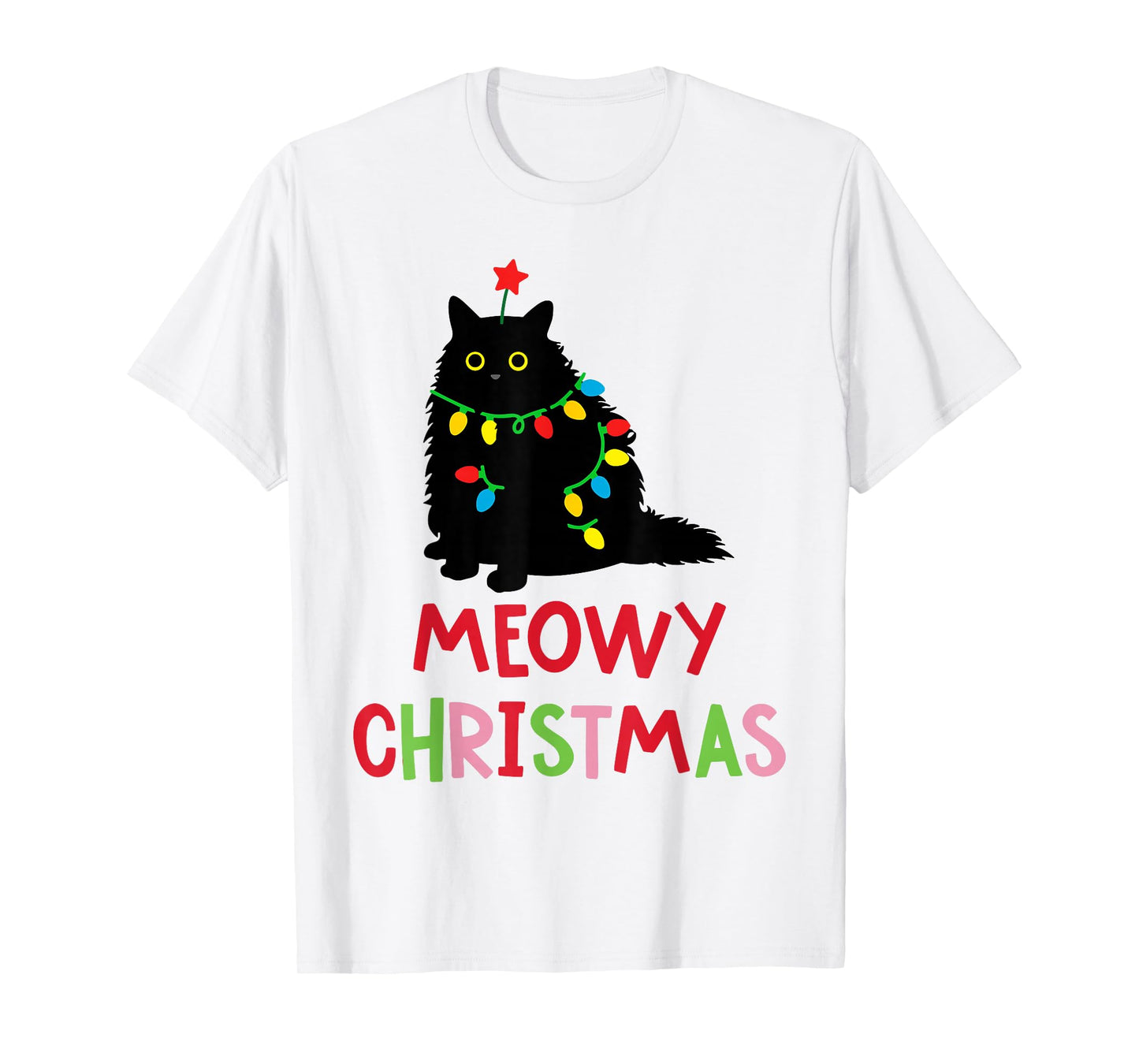 Meowy Christmas Funny Black Cat Christmas Lights Cat Lovers T-Shirt