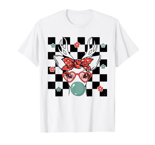 Cute Reindeer Wearing Glasses Bubblegum Checkered Christmas T-Shirt