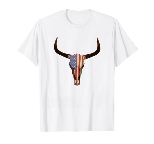 American Flag Cow Skull T Shirt - Bull Skull Shirt T-Shirt