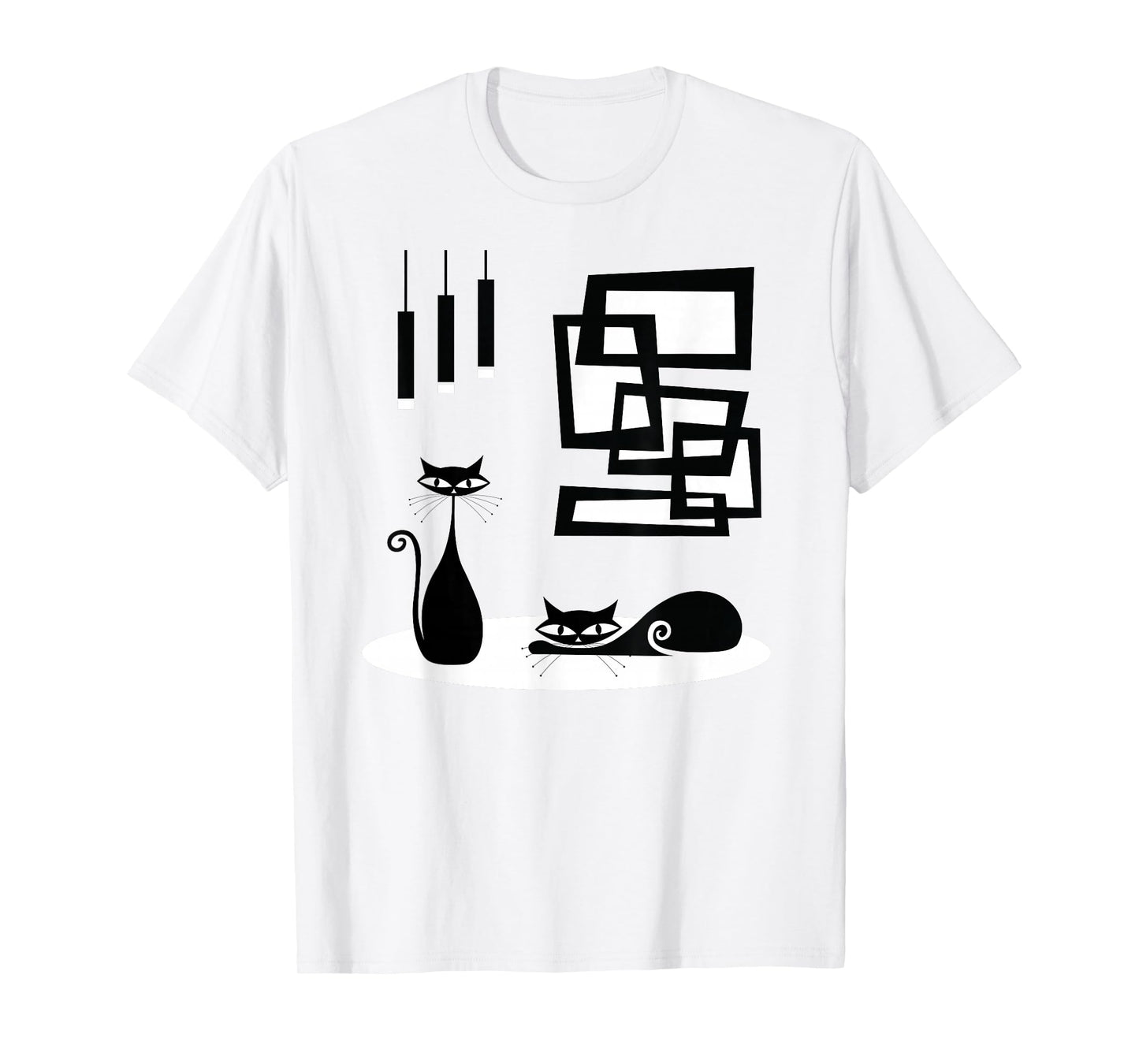 Retro Cat Mid Century Modern Cats and Atomic Art T-Shirt, Women's, Unisex, Short Sleeve, Grey, Small, Regular Fit, Cotton Blend, Machine Wash, US Size Small