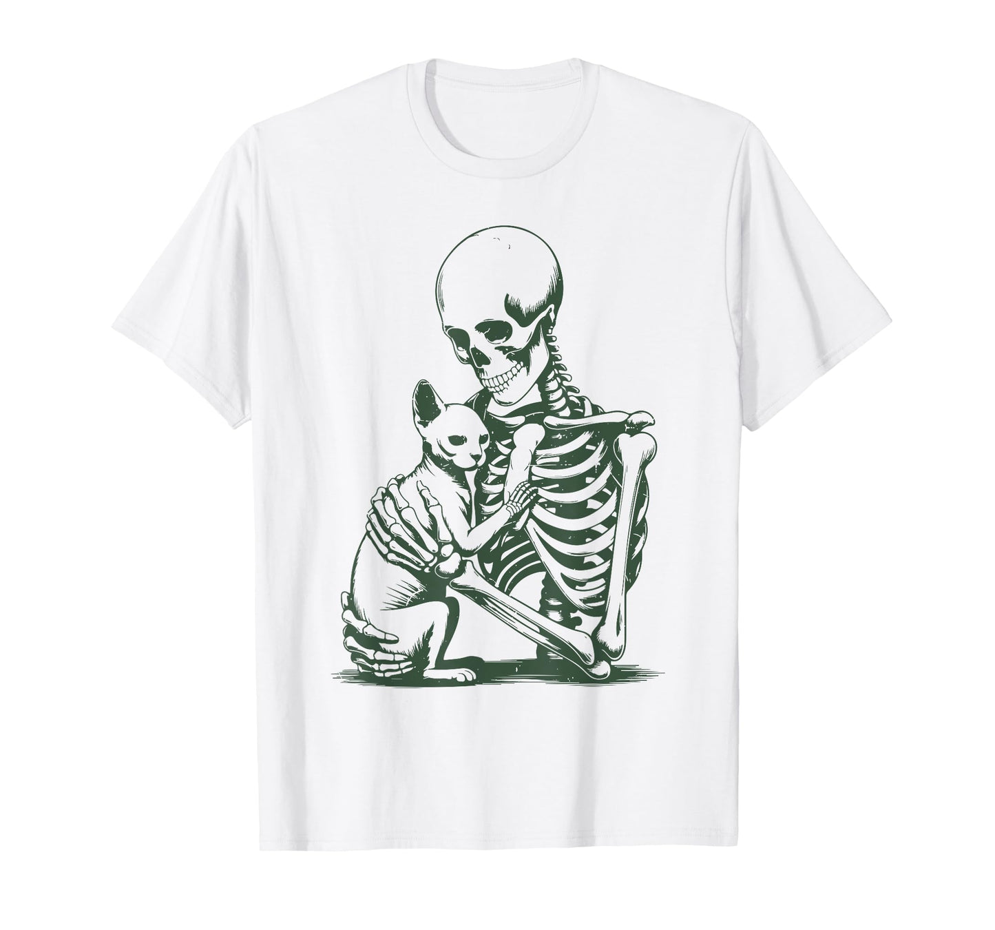 Vintage Skeleton Holding Sphynx Cat Halloween Funny Women T-Shirt